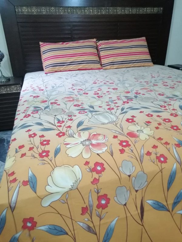 king size gold printed floral bed sheet set
